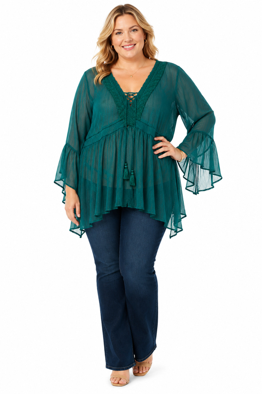 Torrid Sheer Green Whimsigoth Metallic Stripe Crochet Trim Top Bell Sleeve 3X